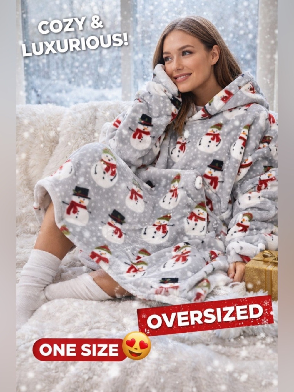 Throwzy Snowman Hoodie Blanket One Size Cozy Plush Oversized Winter Lounger NWOT